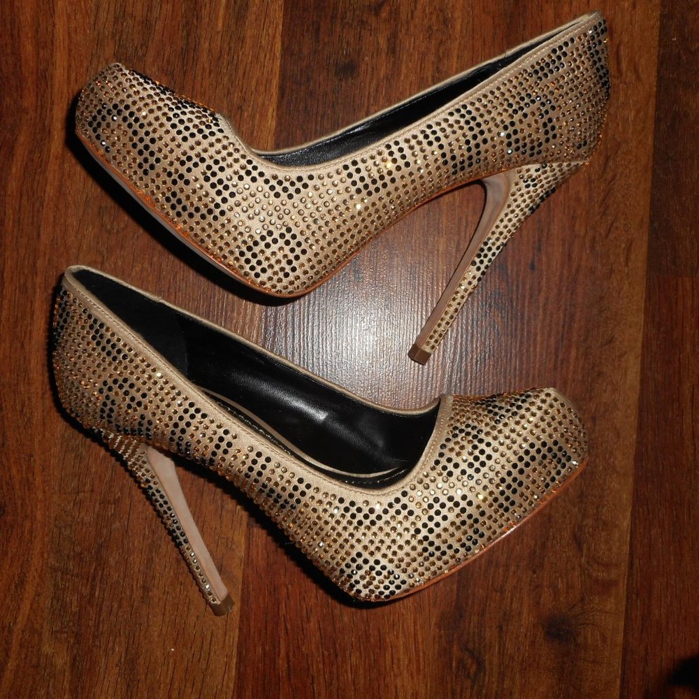 Report Signature Nude leopard print jeweled pumps, 7.5